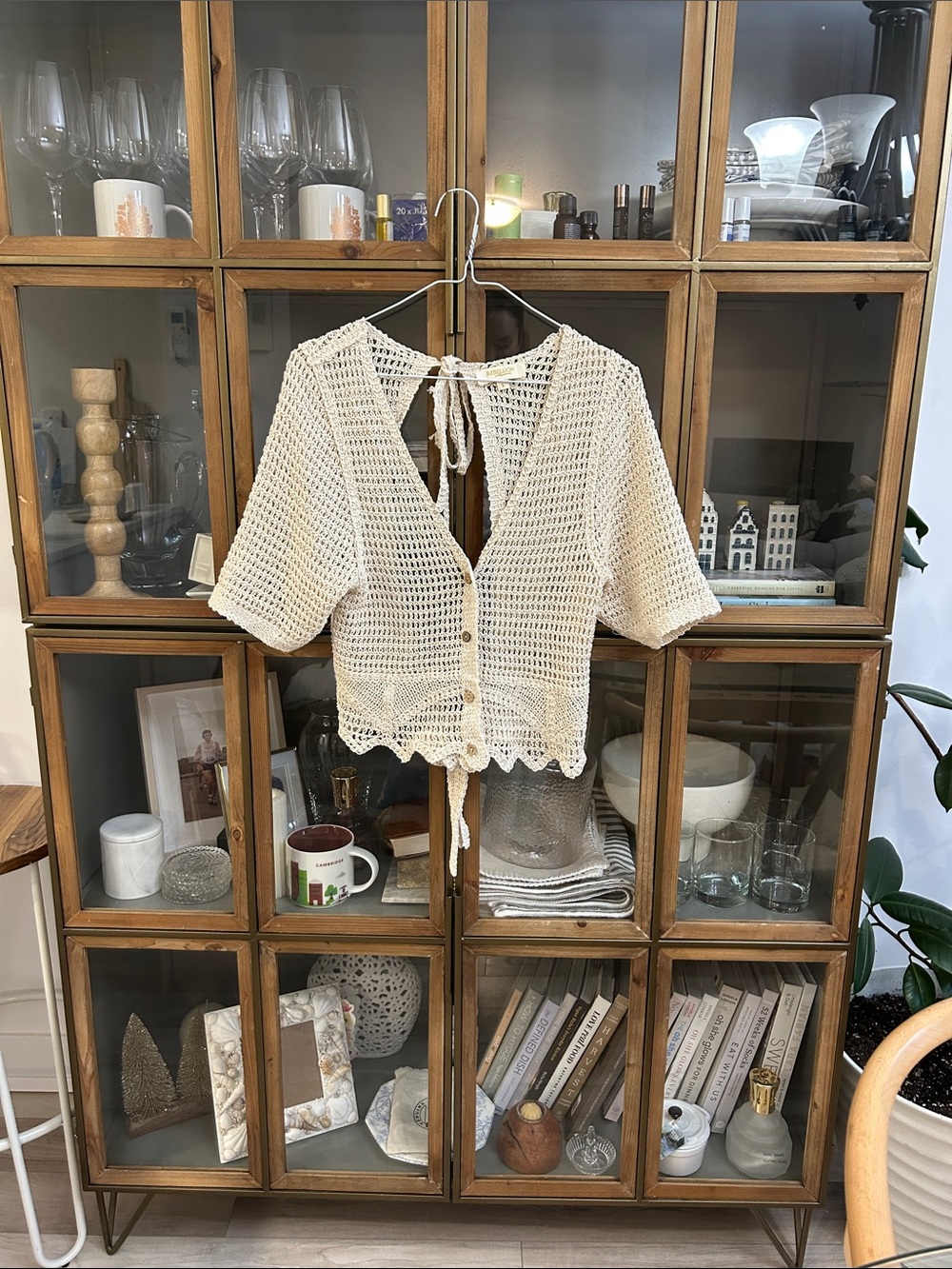 Rebellion 100% Cotton Cream Crochet Button-Front Tie-Back Top